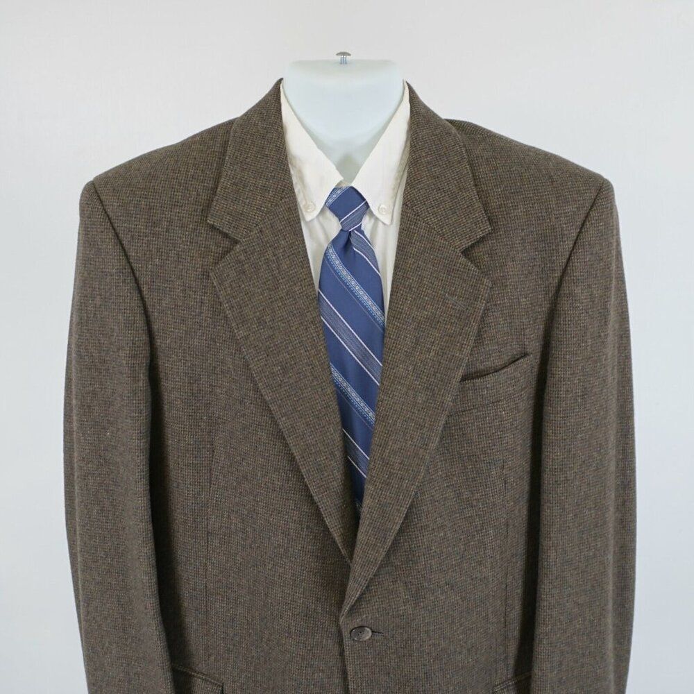 John Weitz Signature Soft Tweed Wool Camel Hair Brown Blue Check‎ 40L Sport Coat